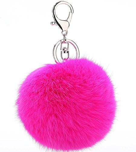 Genuine Rabbit Fur Key Chain for 18 K Gold Plated Novelty Keychain with Fur Key Chain for Car Key Ring Bag Purse Charm Keychain with Plush Cute (Rose red)