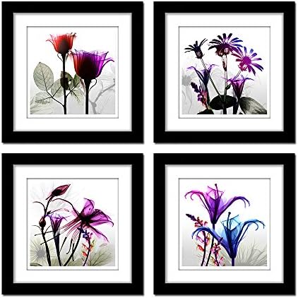 Spirit Up Art 4Pcs/Sets Modern Giclee Prints Artwork Multi Flowers Pictures Photo to Framed Paintings for Home Living Room Decor Decorations (Black Frames and White Mat)