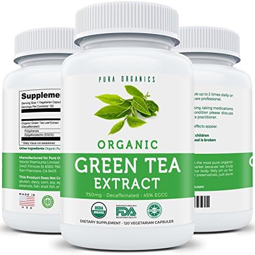 Organic Green Tea Extract | Decaffeinated | 120 Vegetarian Capsules | 750MG - 45% EGCG | Natural Fat Burner &amp; Weight Loss Supplement | Decaf / Only 2% Caffeine Diet Pills | Potent Antioxidant | ECGC