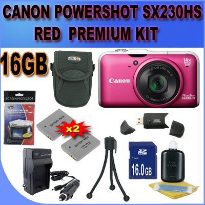 Canon PowerShot SX230HS 12 MP Digital Camera with HS SYSTEM and DIGIC 4 Image Processor (Red/Pink) Premium Bundle 16 GB Memory Card, Two NB5L Battery, Battery Charger, Card Reader, Carrying Case, Mini Tripod And More!!!!