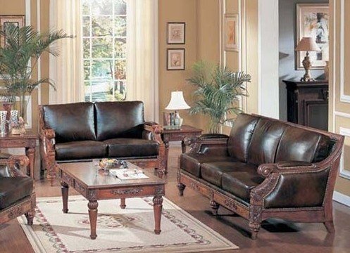 2pc Sofa and Loveseat Set with Carved Floral Design Black Leather