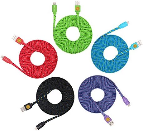 Firefox cable HIGH QUALITY 5 Pack of 10ft Multi-Colored Braided Flat Noodle Lightning 8 pin to USB Cables for iPhone 5 / 5C / 5S / 6 / 6 Plus , iPad Mini, iPad Air, iPod Touch 5th Gen, Nano 7th Gen, - Latest IOS Supported (green.blue.purple.black.red)