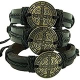 Bronze Tone Saint St Benedict Medal on Leather Bracelet, S M L, Pack of 3