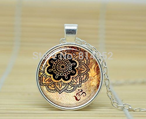 VintaStore Art Glass Necklace Om Necklace Henna Design Yoga Jewelry Om Charm Silver Plate A0428