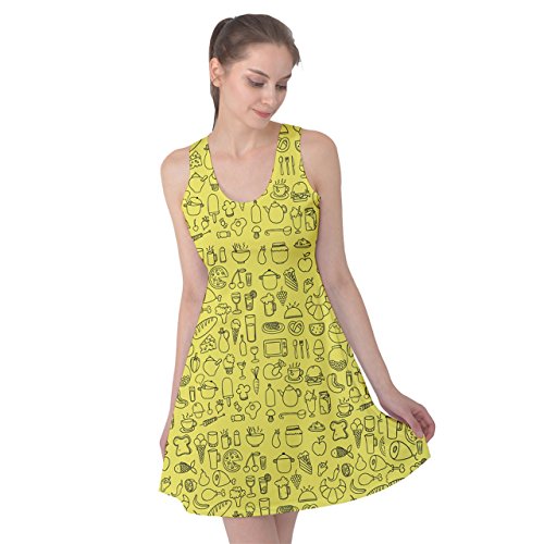 PattyPattern Womens Variety of Food Line Drawing Pattern White Reversible Sleeveless Dress (xl, light yellow)