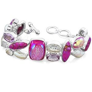 925 Sterling Silver Titanium Druzy Purple Turquoise Amethyst Freshwater Pearl Natural Gemstone Designer Fashion Link Bracelet Size Drop Lain-6, Ext. Chain-3 Inch Jewelry