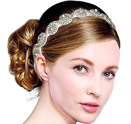 Babeyond Elegant Luxury Handmade Crystal Rhinestone Jewelry Beads Bridal Wedding Evening Pageants Proms Birthday Christmas Gift Headband Satin Ribbon Hairband Headwrap Hair Band Accessory White