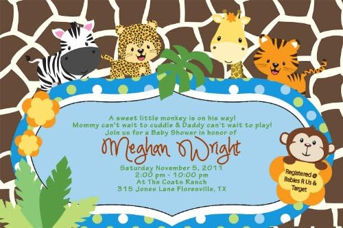 Cute Baby Shower Jungle Invitations Tiger Zebra Giraffe Monkey Custom Your Color
