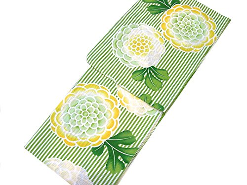 着物美人 女性用 浴衣 ゆかた 綿紅梅 変り織り 大人 M F L 【 白 緑 縞に菊 】a416013-3