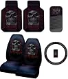 Tribal Tattoo Skull Day of the Dead Roses 6pc Combo Set Front Floor Mats, Seat Covers, CD Visor Organizer & Steering Wheel Cover