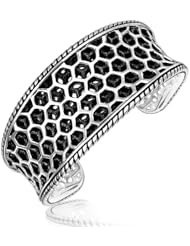 Sterling Silver Rhodium Plated Concave Cuff with Honeycomb Lace Pattern