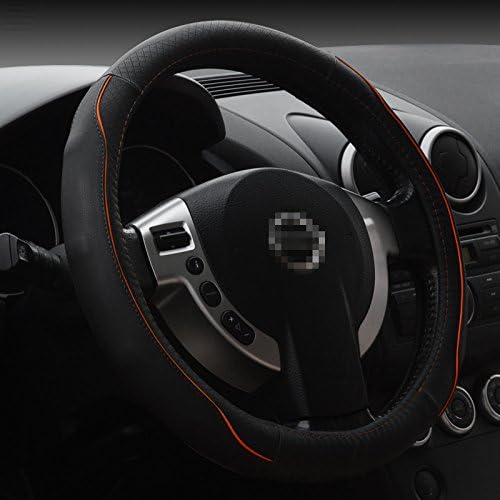 Stitching Nylon Car Line 15 Inch Emboss Top Leather Car Steering Wheel Cover Anti-slip Soft Breathable Automotive Interior Accessories for BMW,CIV,SUV (Black+Orange line)