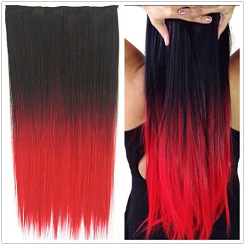 Honeywin 24" Fashion Women Ombre Dip-dye Color 5Clip in/on Straight Hair Extension 130g Weight Black to Red Color