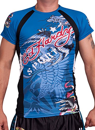 Ed Hardy Mens Eagle Mesh Crew Tee Top - Blue - Medium