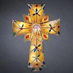 Lighted Amber Capiz Cross with Multi Gems Christmas Tree Topper - Clear Lights
