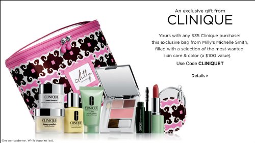 CLINIQUE NEW! 2012 9-Piece Gift Set: Even Better Skin Tone Correcting Moisturizer SPF 20 + Deep Comfort Body Butter + Dramatically Different Moisturizing Lotion + 7 Day Scrub Cream Rinse-Off Formula + + Colour Compact with Eye Shadow Duo and Blushing Blush Powder Blush in Cupid + High Impact Mascara in Black + Long Last Lipstick in All Heart + Milly for Clinique Coordinating Mirror & Pouch + Milly for Clinique Cosmetics Bag (9 Pieces BEAUTY Travel set) - A $100 retail value