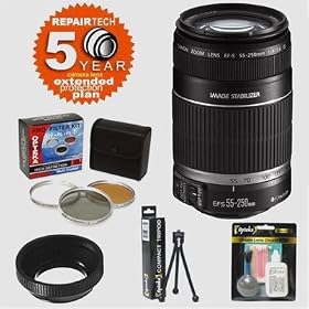 Canon EF-S 55-250mm f 4.5-5.6 IS AF Zoom Telephoto Lens and 6 Year Warranty and Filters...