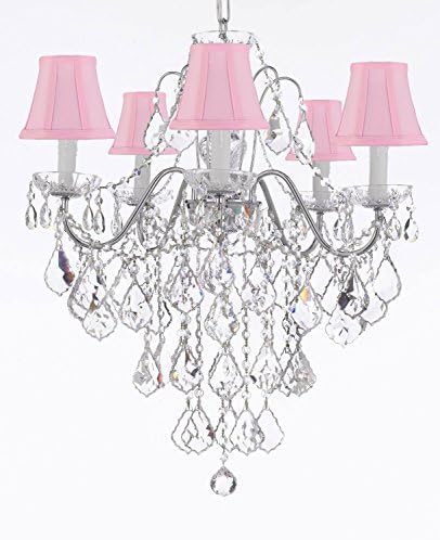 Hamilton Home Daniele Collection Chrome Finish Crystal Chandelier Lighting Chandliers with French Pendant Crystals and Pink Shades - Good for Dining Room, Foyer, Entryway