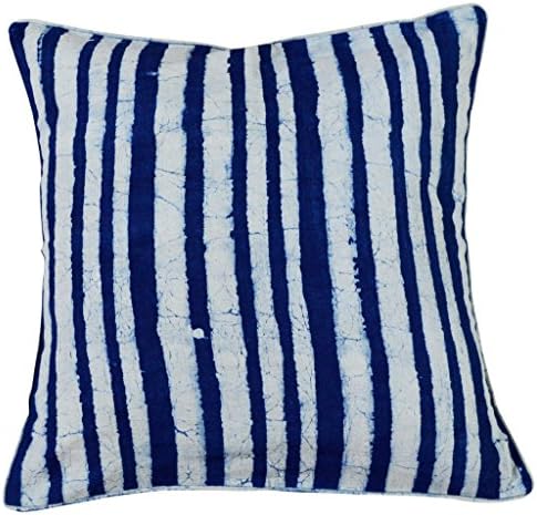 Koyari Indian Ethnic Hand Block Printed Cushion Cover Throw Pillow Case In Fine Cotton 16"X16"(40cmX40cm) Indigo Strips On Off White