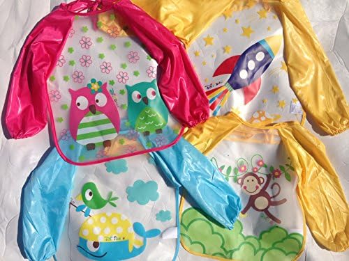 Long Sleeve Smock Bibs for babies. 4 pack of Waterproof bibs with ties for babies. Great for Moms Sick of Messes!