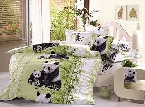 3D Effect Bedding Sets 4PCS, Lovely Mother and Baby Pandas 4 Piece Printed Bedding Sets 100% cotton,Bed Sheet,Duvet Cover, 2*Pillow Case(Comforter Not Included) (Queen)