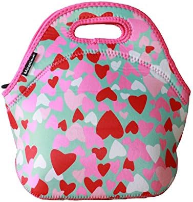 Neoprene Lunch Bag by Meelleur Gourmet Getaway Picnic Handbag, With Heavy Duty Zipper, ECO FRIENDLY Insulated Lunch Bag For Lunch Boxes [ app.11"x11"x 5.5"] (Happy Hearts)