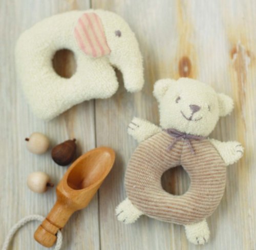 オーガニック綿と糸付きぞうさんとクマさんのがらがら手作りキットセット