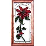 Medium Oak Framed Art Glass Christmas Poinsettia Window Hanging Suncatcher 22 x 11