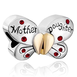Pugster Separable Butterfly Mother Daughter Red Crystal Heart Love Mom Charm Beads Fit Pandora Charm Bead Bracelet