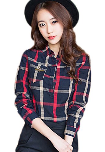 Notting hill 秋冬 大人 レディース シャツ チェックシャツ ポロ襟 チェック柄 コットン ネイビー カジュアル シンプル デイリー トレンド スタイル スリム サイズ S〜XL SSK-0116