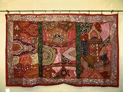 Vintage Indian Patchwork Burnt Red Beaded Sari Tapestry Wall Hanging Throw 72x45