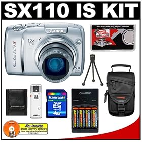 Canon PowerShot SX110 IS 9.0MP Digital Camera (Silver) + 4GB SD Card + Precision Design Accessory Kit