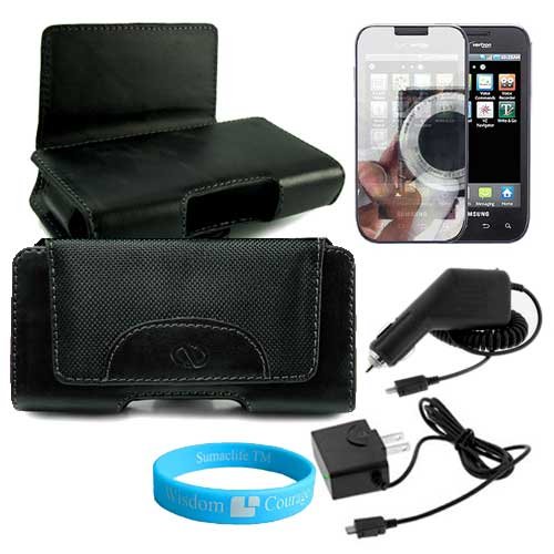 Leather Horizontal Magnetic Case For Samsung Fascinate a Galaxy S Android Smartphone + One Set of Two Rapid Car and Wall Chargers + Mirror Screen Protector + Blue Wisdom * Courage Wristband