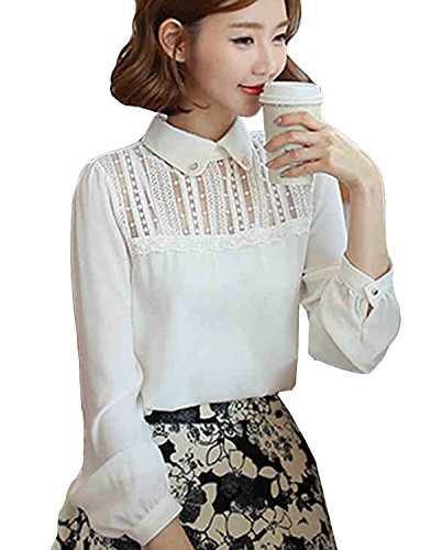 (ミネトメ)Minetom 女性 レディース ピーターパン襟　長袖のシャツ　緩い　シフォン　ネックの周りがピアス　OL　丸ネック　4サイズ