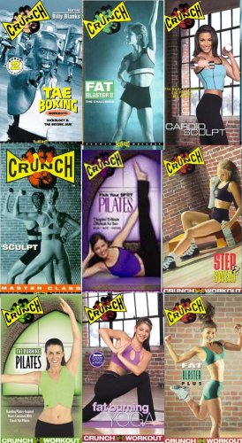crunch set 9 vhs: Crunch: Step & Sweat, Crunch: Master Class Sculpt, Crunch: Fat Blaster Plus, Crunch: Fat Blaster Challenge, Crunch - Tae Boxing, Workouts: Kickology & Tae Boxing Jam , Crunch - Pick Your Spot Pilates, Crunch - Fat Burning Pilates, Crunch - Fat Burning Yoga, Crunch - Cardio Sculpt