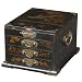 Handmade Black Leather Three-Drawer Chinese Bird 11" Jewelry Box With Fold Out Mirror