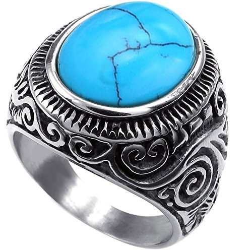 Men's Classic Vintage Turquoise Biker Stainless Steel Ring Band Silver Blue