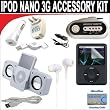 10 pc. Accessory kit for iPod Nano 3G. Includes White portable stereo speaker w/cable 3-in-1 iPod charging kit (1000mAH) Car FM Transmitter w/power cable White Mini soft Earbuds Reusable Pre-Cut Screen Protector and a DBROTH Microfiber Cleaning Cloth