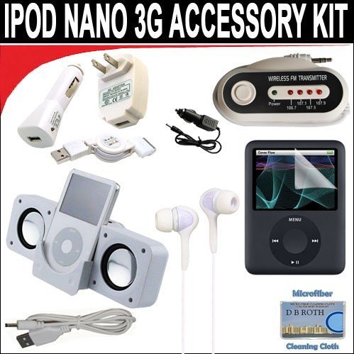 10 pc. Accessory kit for iPod Nano 3G. Includes White portable stereo speaker w/cable 3-in-1 iPod charging kit (1000mAH) Car FM Transmitter w/power cable White Mini soft Earbuds Reusable Pre-Cut Screen Protector and a DBROTH Microfiber Cleaning Cloth