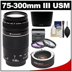 Canon EF 75-300mm f/4-5.6 III USM Zoom Lens with 2x Teleconverter (=75-600mm) + 3 UV/FLD/CPL Filters + Hood + Cleaning Kit for EOS 60D, 7D, 5D Mark II III, Rebel T3, T3i, T4i Digital SLR Cameras
