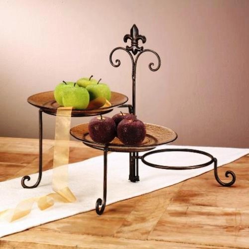Tuscan 3 Tier Swivel Wrought Iron Serving Plate Stand with Fleur De Lis Accent