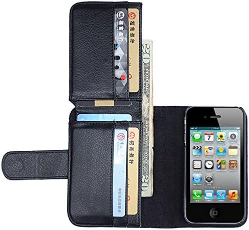 Camiter Folio Wallet Case Skin Cover for Apple Iphone 4 4s Pockets for Cards & Money, Clear Window Slot for License Id (4s Wallet Black)