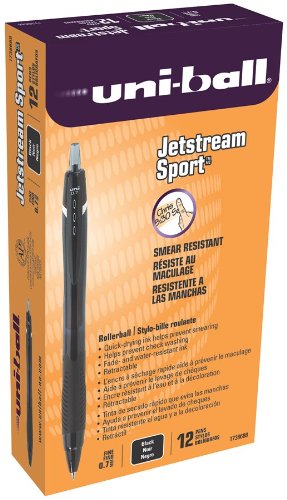 uni-ball Jetstream Sport Fine Point Retractable Roller Ball Pens, 12 Black Ink Pens (1738688)
