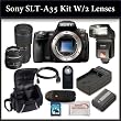 Sony SLT-A35 Digital Camera Kit Includes: Sony SLT-A35 Camera, Tamron 70-200mm f/2.8 Di LD (IF) Macro AF Lens, Sony SAL-1855 18-55mm f/3.5-5.6 DT AF Zoom Lens, Bower SFD328 Digital Slave Flash, Extended Life Battery, Rapid Travel Charger, HDMI Cable, 16GB SDHC Memory Card, Memory Card Reader, Wireless Remote, Soft Carrying Case and SSE Microfiber Cleaning Cloth.
