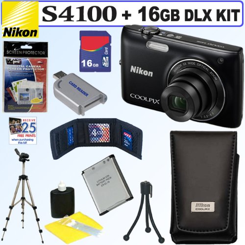 Nikon Coolpix S4100 14 MP Digital Camera (Black) + Nikon Case + 16GB Deluxe Accessory Kit