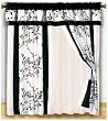 2 Panel Beige and Black Asian Bamboo Floral Window Curtain / Drape Set with Attach Valance-treatment Draperies