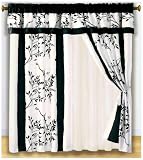 2 Panel Beige and Black Asian Bamboo Floral Window Curtain / Drape Set with Attach Valance-treatment Draperies