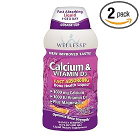 Wellesse Calcium & Vitamin D3, 1000mg, Natural Citrus Flavor, 16-Ounce Bottles (Pack of 2)