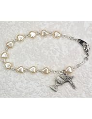 First Holy Communion Childrens Girls Rosary Bracelet 6 1/2" 56x6m Pearl Heart Beads with Sterling Silver Cross & Chalice Charms.