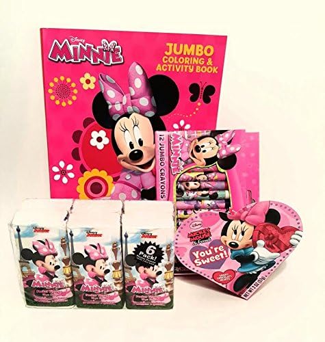 Minnie Mouse Valentine Red Pink Fun Bundle 4 Items 15 Pack Jumbo Crayons Coloring Activity Book Heart Box of Chocolates 6 Packs of Minnie Mouse Tissues
